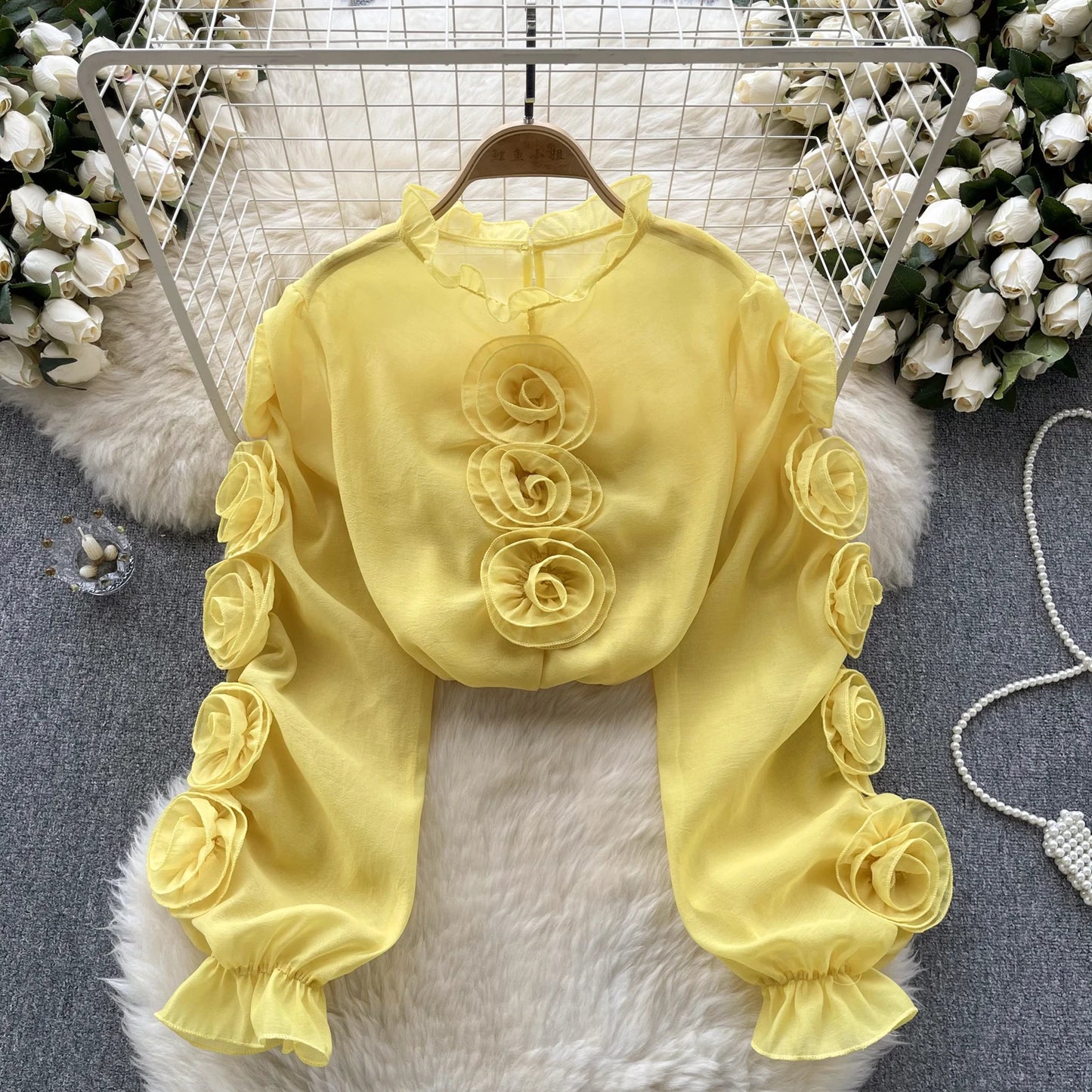 TEEK - 3D Floral Sheer Blouse TOPS theteekdotcom yellow One Size 