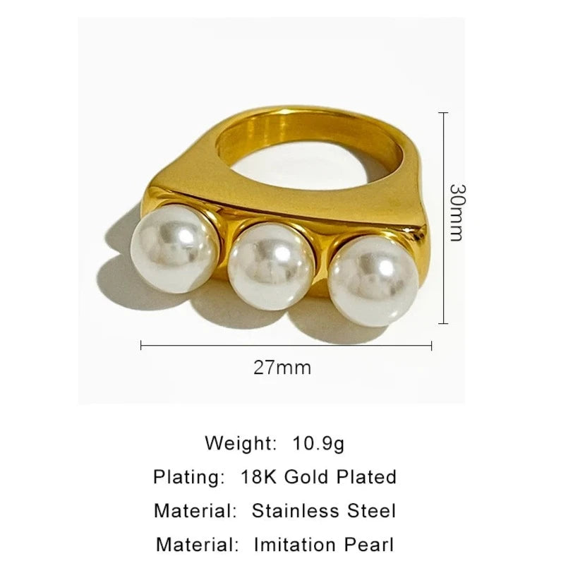 TEEK - Stainless Steel Triple Large Pearl Fashion Ring JEWELRY theteekdotcom   