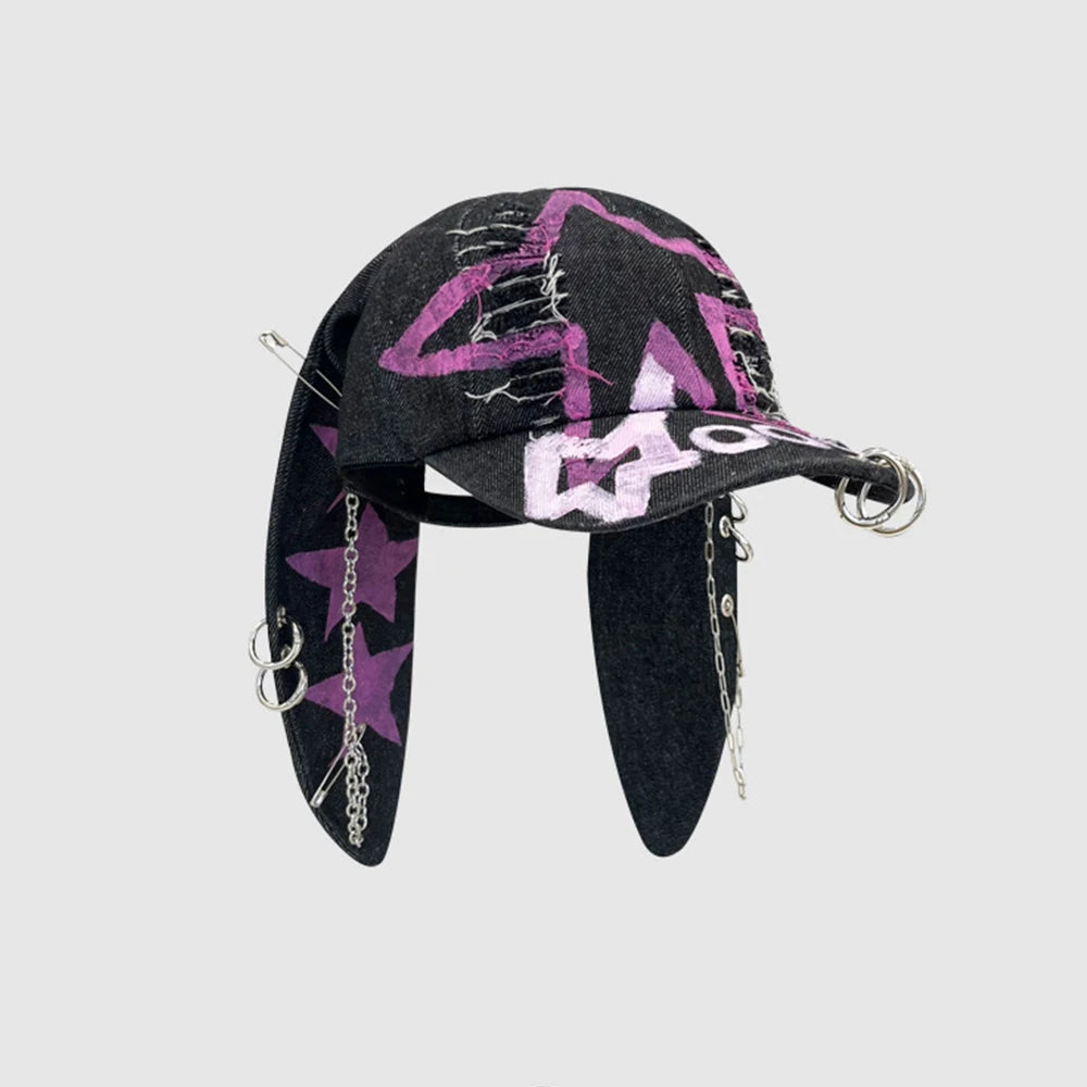 TEEK - Goth Denim Ripped Baseball Cap HAT theteekdotcom H Rabbit One Size