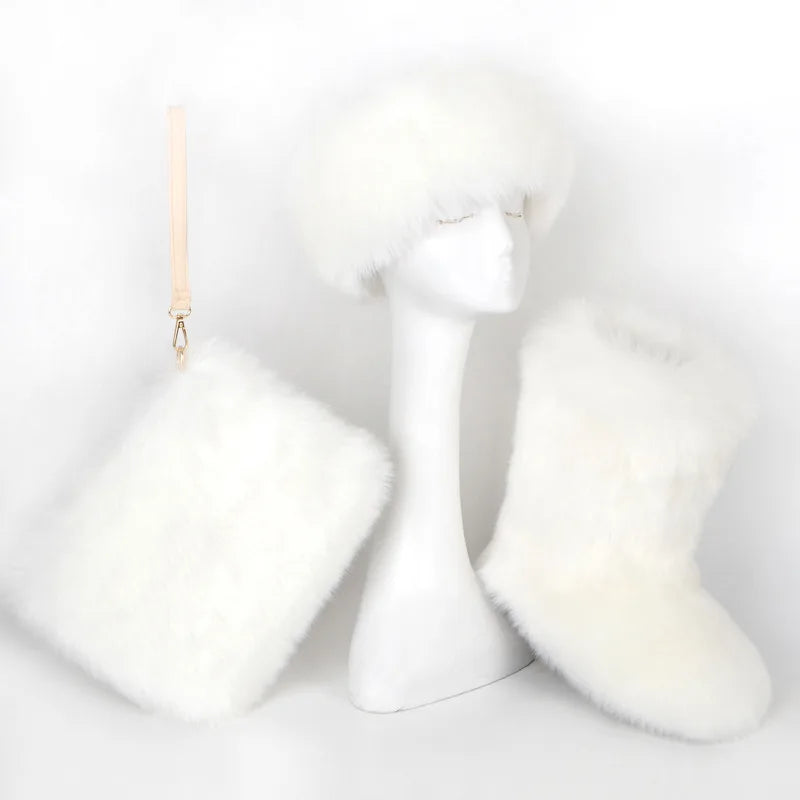 TEEK - Faux Fox Fur Snow Boots Velvet Headband Handbag Set SET theteekdotcom White 6.5 