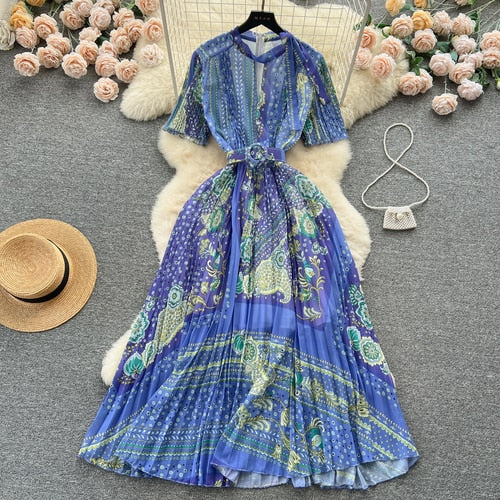 TEEK - Print Pleated Long Dress DRESS theteekdotcom Dark Blue One Size 