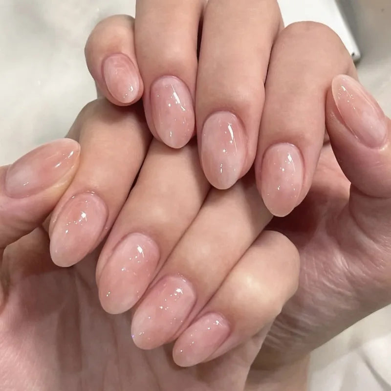 24Pcs Metallic Cat Eye French Sheer Manicure Tip Art Textured 3D Acrylic False Nails Nude Pink Almond Medium Press on Fake Nails TEEK 35