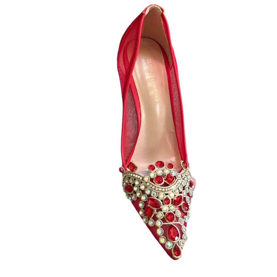 TEEK - Red Bejeweled Mesh Mentioned High Heels SHOES theteekdotcom 3in 5.5