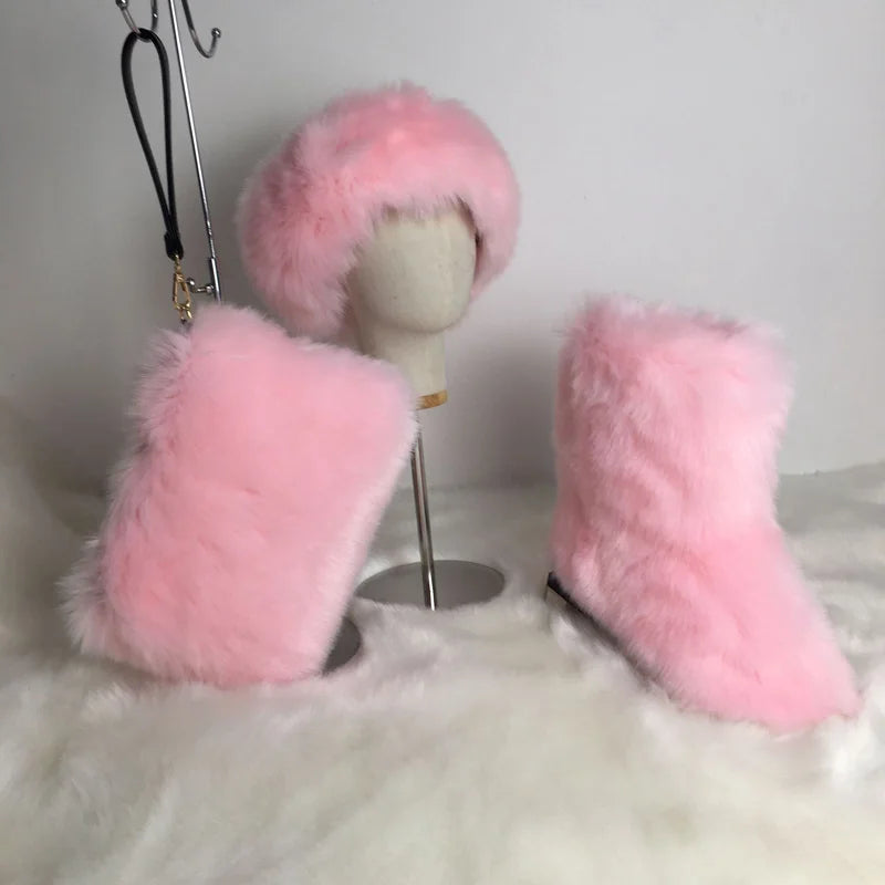 TEEK - Faux Fox Fur Snow Boots Velvet Headband Handbag Set SET theteekdotcom Cotton Candy Pink 6.5 