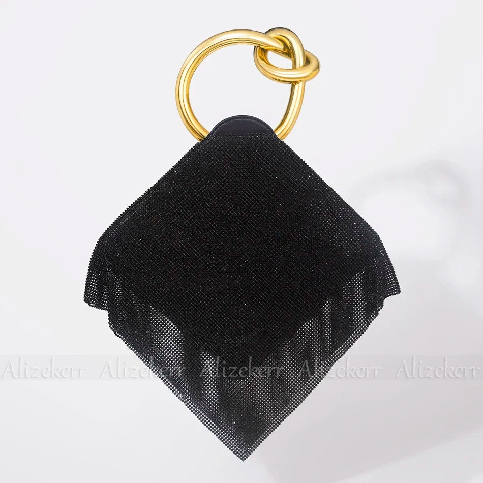 TEEK - Knotted Handle Rhinestone Evening Crystal Clutch BAG theteekdotcom Gold Handle Black  