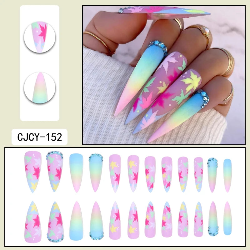 TEEK - 24 Long Pointed Multicolor Gradient Leaf Frosted Fake Nails NAIL ART theteekdotcom   