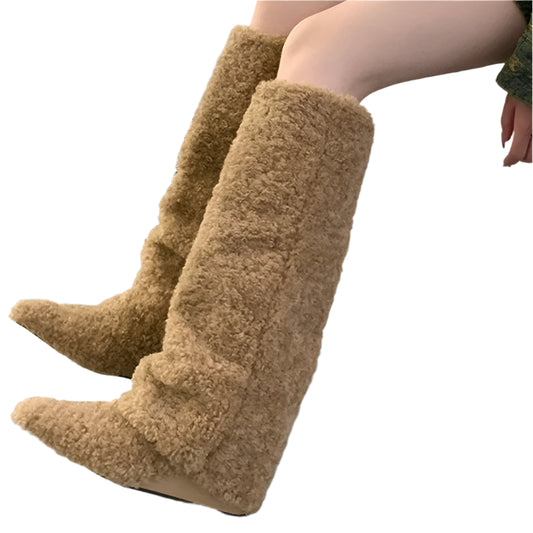 TEEK - Knee High Pointed Toe Fuzzy Wedged Boots SHOES theteekdotcom