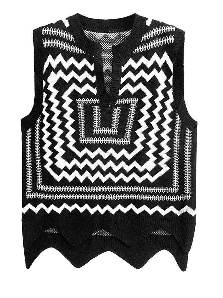 TEEK - Patterned Knitted V-Neck Sleeveless Sweater TOPS theteekdotcom black One Size 