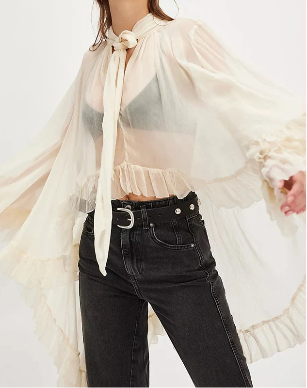 Women Chic Irregular Ruffled Hem Cape Top Bow Tied Neck Shirts Solid Color See Through Loose Fit Long Sleeve Blouses TEEK B M