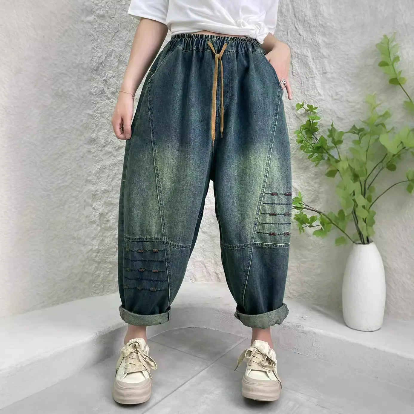 TEEK - Womens Minimalist Distressed Elastic Waist Denim Trousers PANTS theteekdotcom   