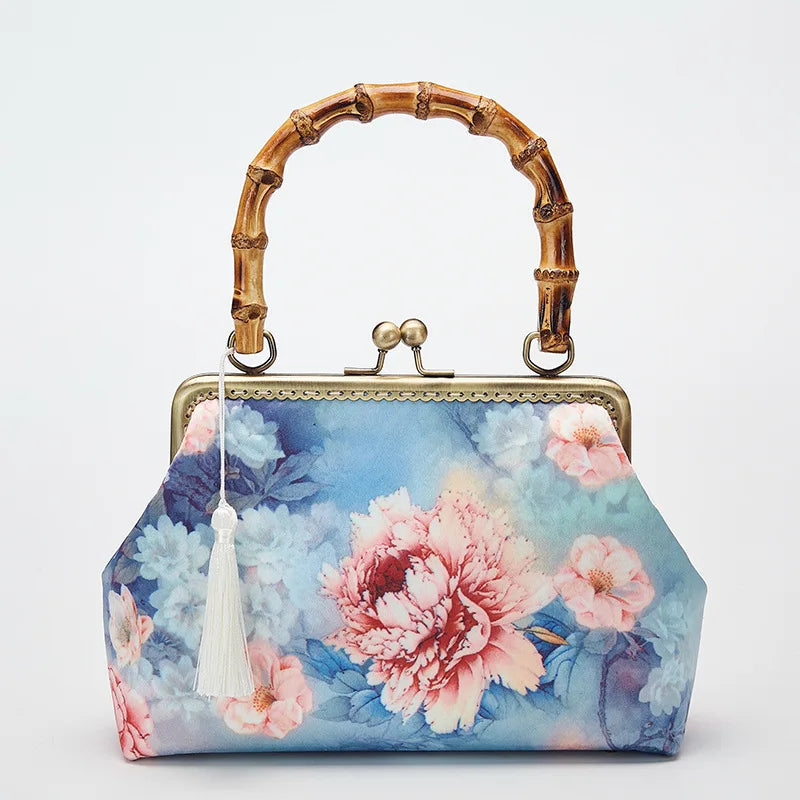 TEEK - Handmade Vintage Satin Floral Clasp Handbag BAG theteekdotcom blue  