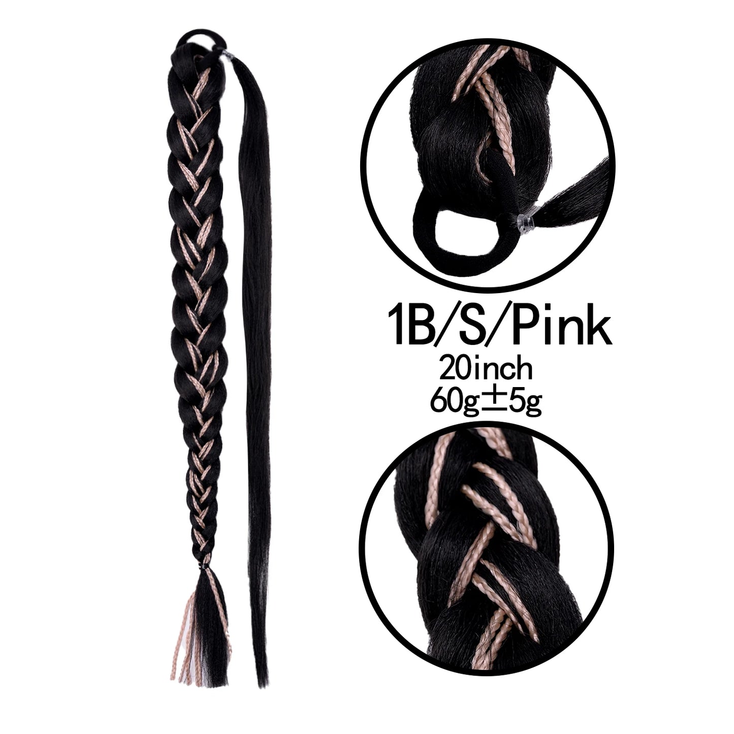 TEEK - 20 Inch Long Braided Synthetic PonytailHair Extension HAIR theteekdotcom 1BSPink20Inch60g