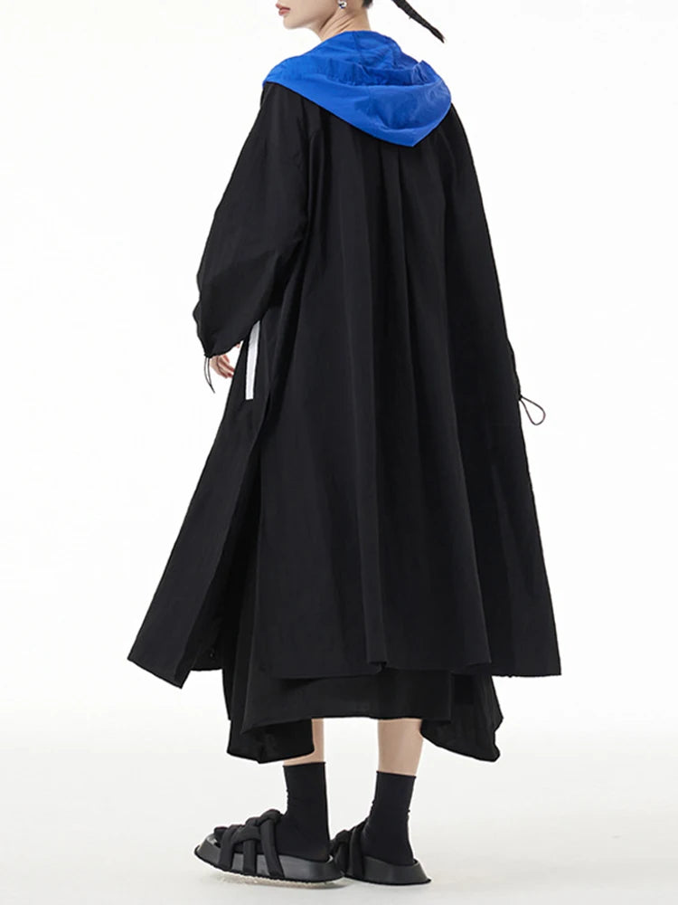 TEEK - Blue Color-Block Long Trench Hooded Windbreaker COAT theteekdotcom   