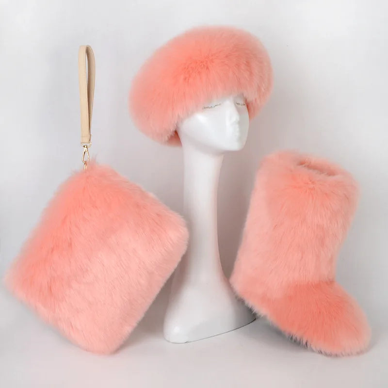 TEEK - Faux Fox Fur Snow Boots Velvet Headband Handbag Set SET theteekdotcom   