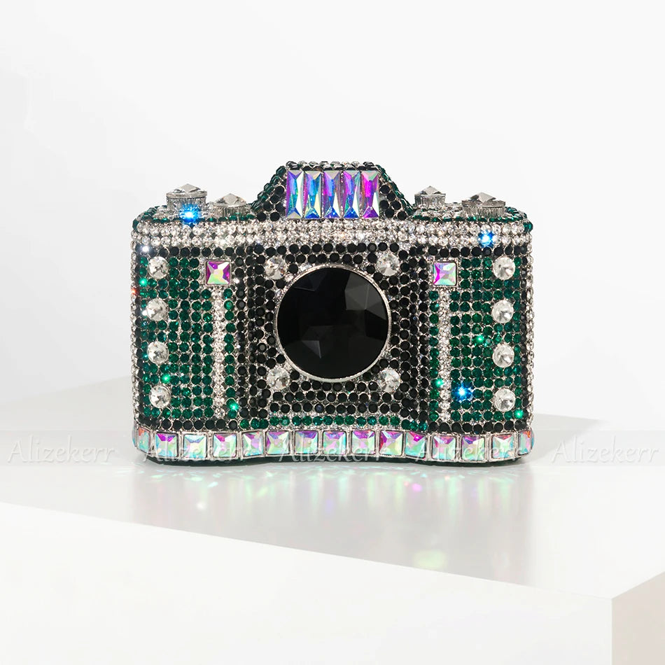 TEEK - Camera Shaped Metallic Rhinestone Handbag BAG theteekdotcom Green Black  