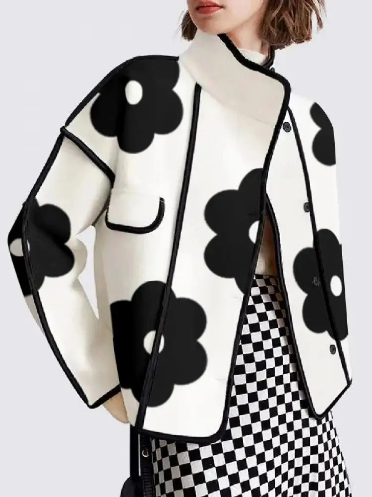 TEEK - Black-White Flower Print High-Neck Buttoned Jacket JACKET theteekdotcom   