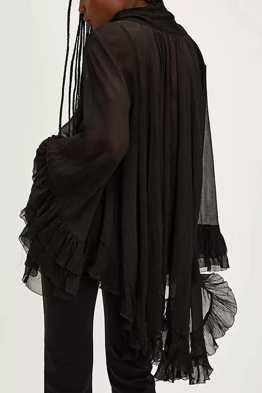 Women Chic Irregular Ruffled Hem Cape Top Bow Tied Neck Shirts Solid Color See Through Loose Fit Long Sleeve Blouses TEEK