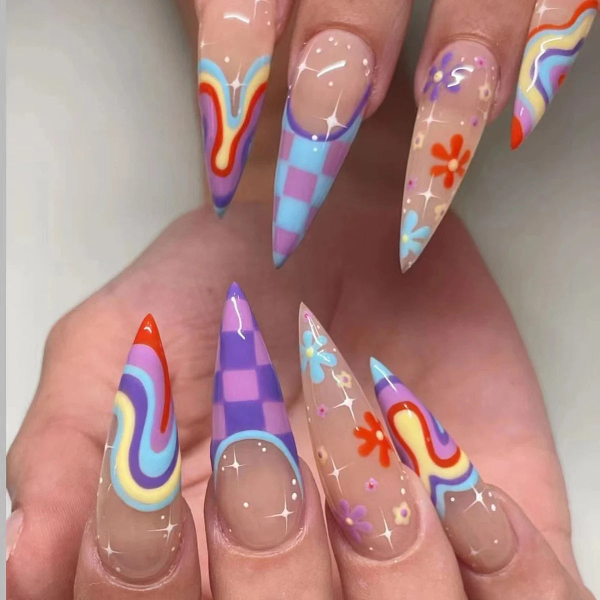 TEEK - 24 Long Pointed Rainbow Flower Press-On Nails NAIL ART theteekdotcom   