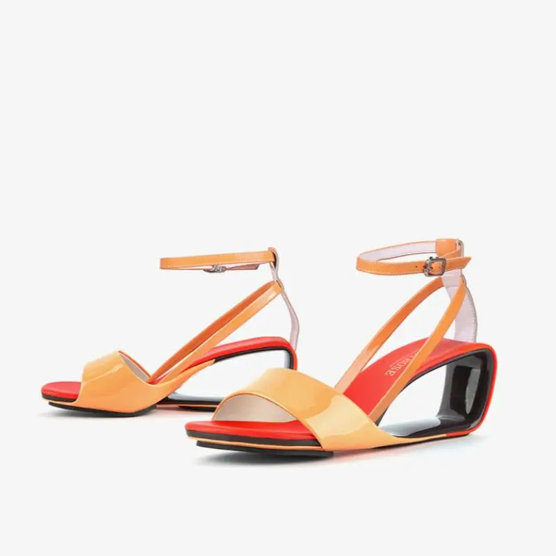 TEEK - Open Toe Anklet Patent Cut Out Wedge Sandals SHOES Theteekdotcom Orange 5 