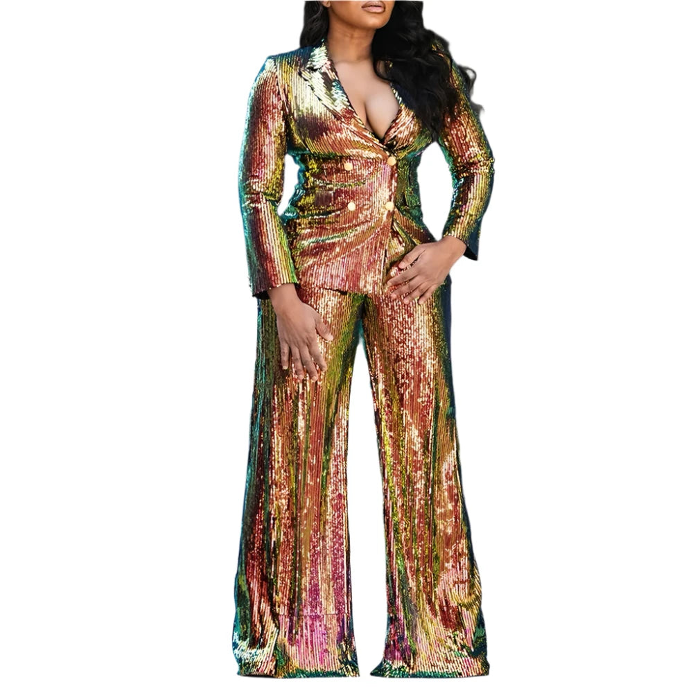 TEEK - Plus Size Gold Sequin Long Sleeve Wide Leg 2 Piece Pant Set SET theteekdotcom 3XL  