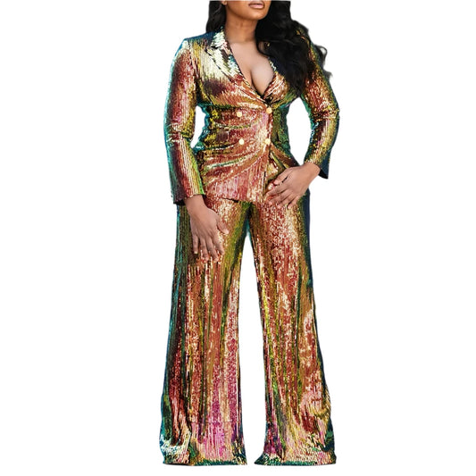 TEEK - Plus Size Gold Sequin Long Sleeve Wide Leg 2 Piece Pant Set SET theteekdotcom 3XL  