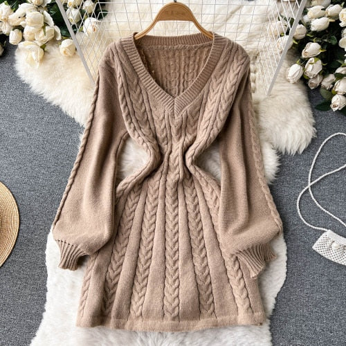 TEEK - Knitted V-Neck Dress DRESS theteekdotcom Khaki One Size 