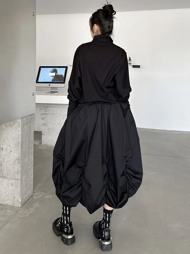 [EAM] High Elastic Waist Black Pleated Irregular Shaped A-line Half-body Skirt Women Fashion Tide New Spring Autumn 2025 1DH9135 TEEK