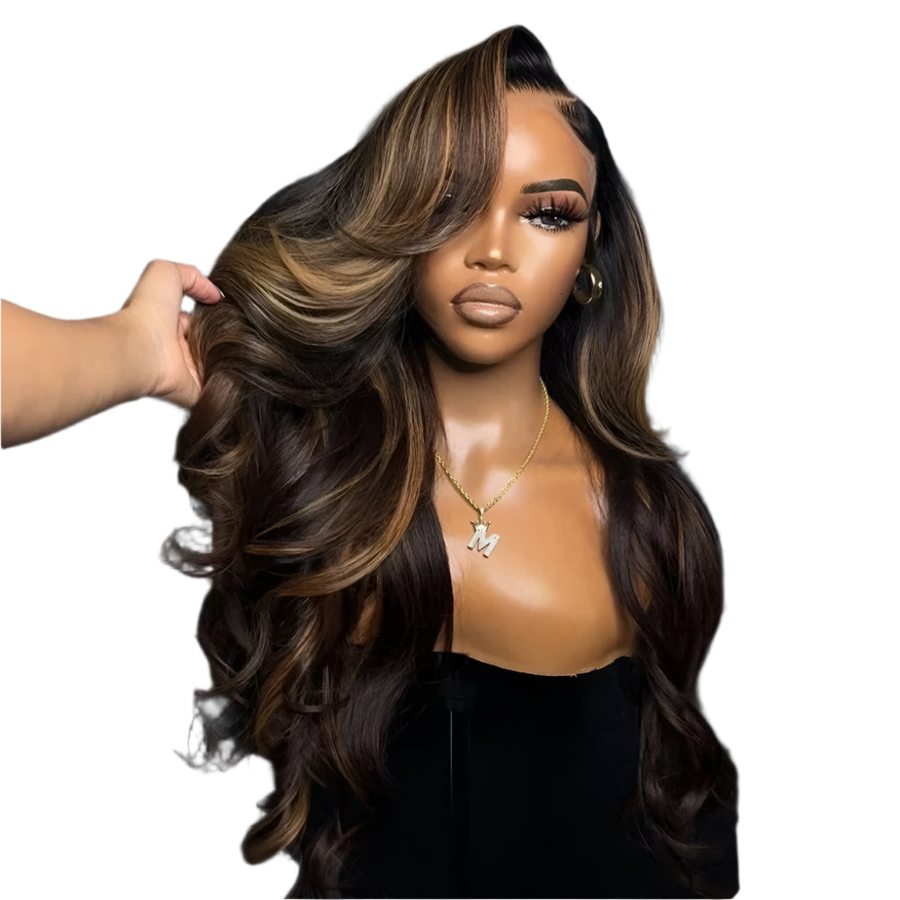 TEEK - Body Wave Highlight Synthetic Omber Blonde /Chocolate Brown Lace Frontal Wigs HAIR theteekdotcom 3H27 22INCHES|13X4 Lace Wigs