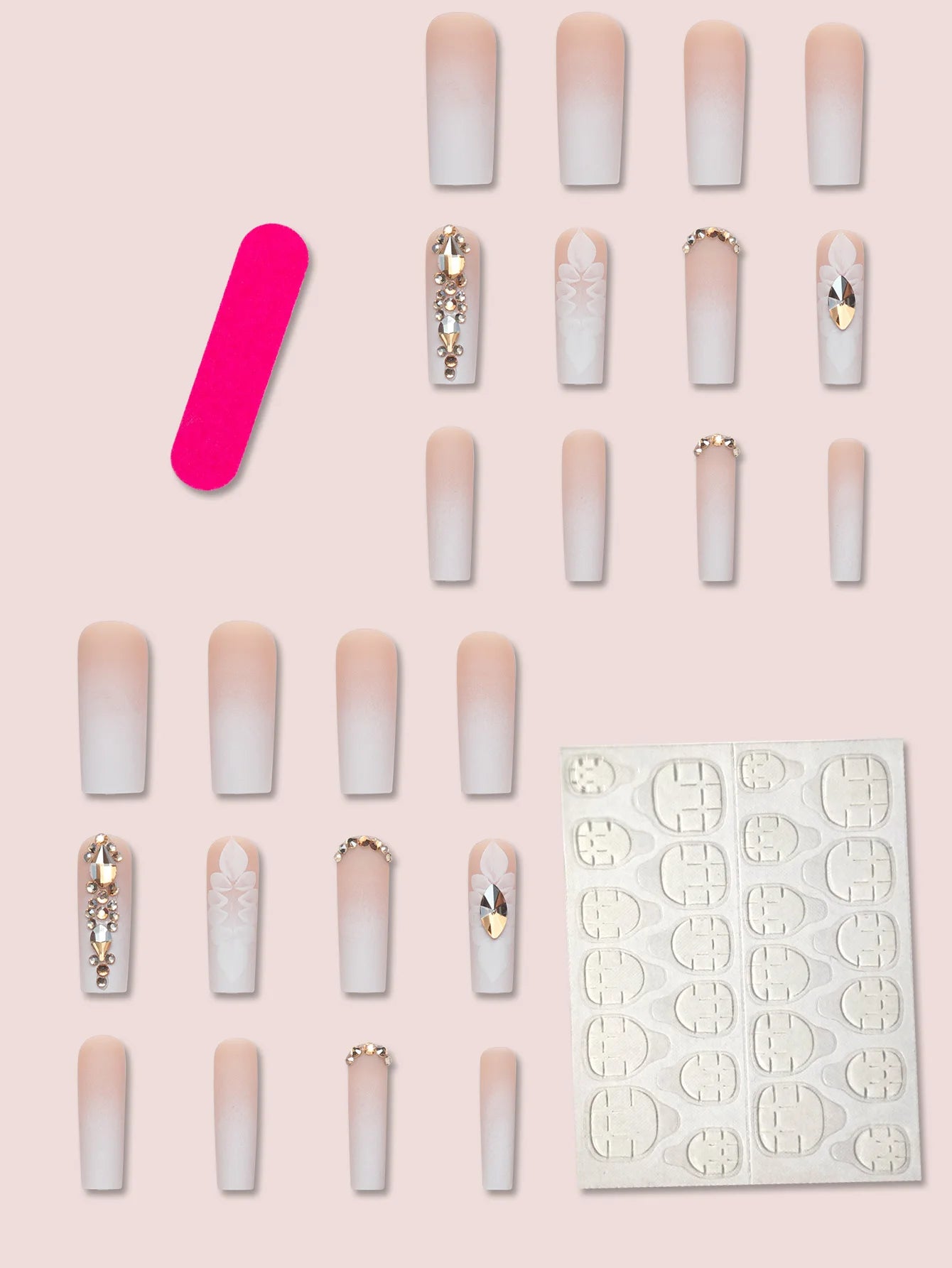 TEEK - 24pc Long Coffin White Gradient Flower Frosted False Nails NAIL ART theteekdotcom   