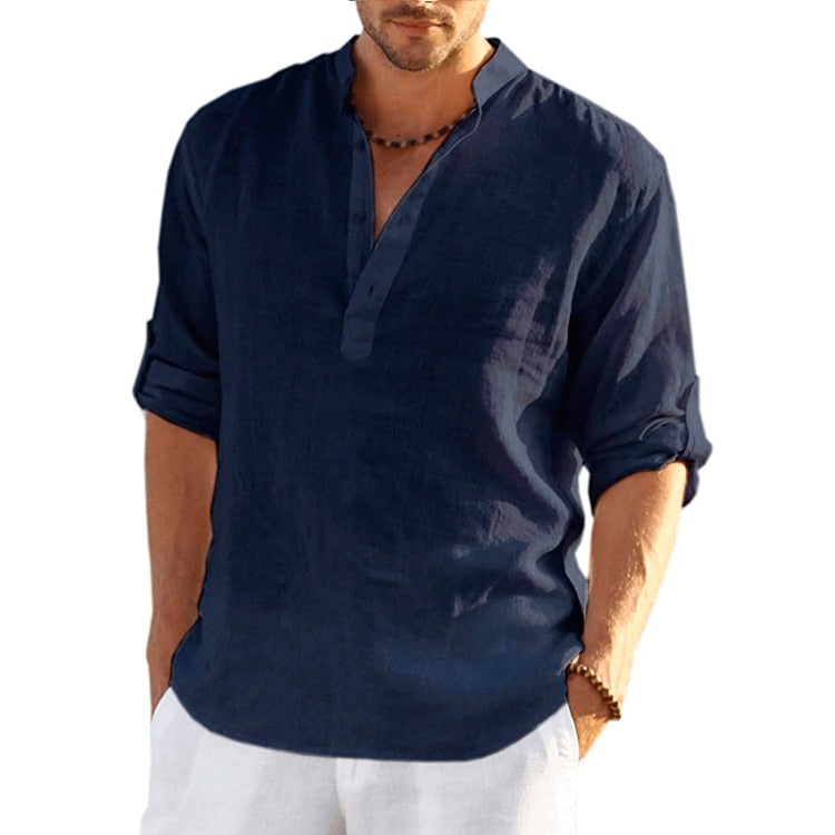 TEEK - Linen Long Sleeve Solid Loose Shirt TOPS theteekdotcom navy blue US XXS | Label S 