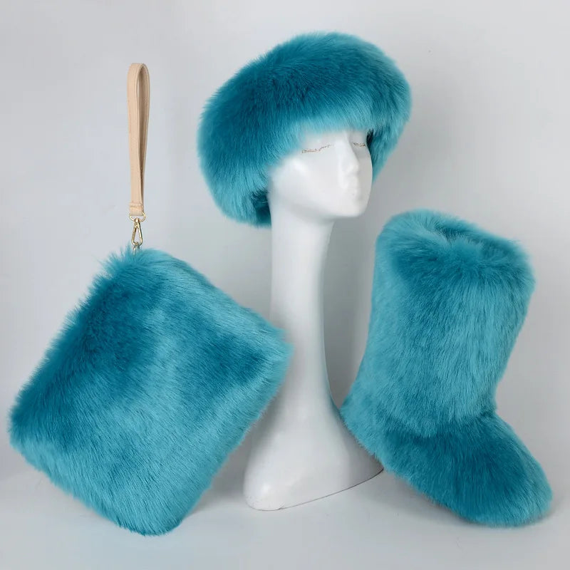 TEEK - Faux Fox Fur Snow Boots Velvet Headband Handbag Set SET theteekdotcom Aqua 7.5 