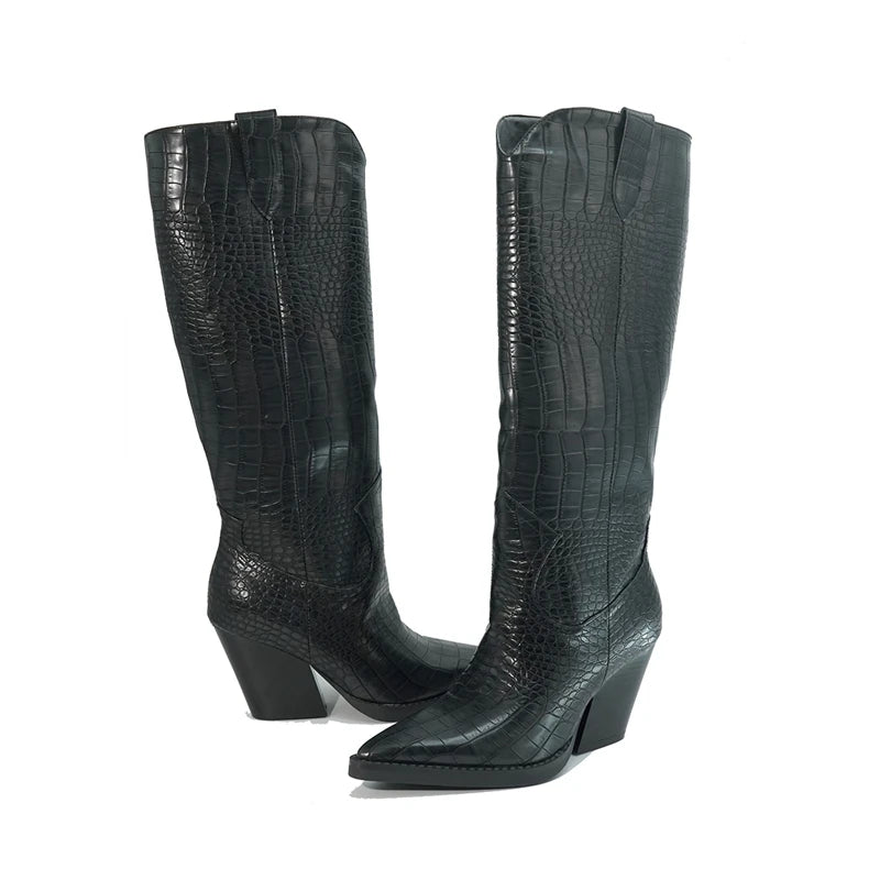 TEEK - Pointed Thick Heeled Oversized Knee High Western Boots SHOES theteekdotcom