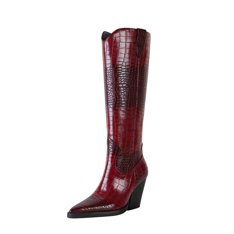 TEEK - Pointed Thick Heeled Oversized Knee High Western Boots SHOES theteekdotcom wine red 5.5