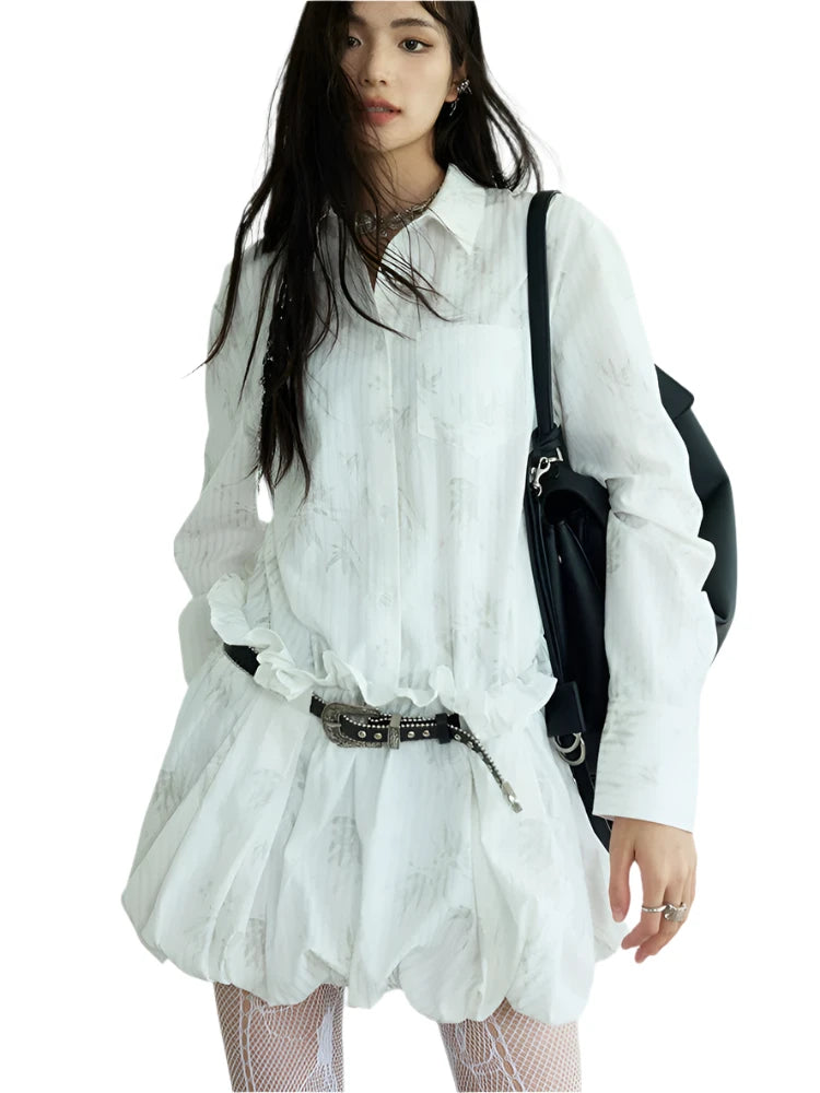 TEEK - White Pattern Belted Ruffles Shirt Dress DRESS theteekdotcom   