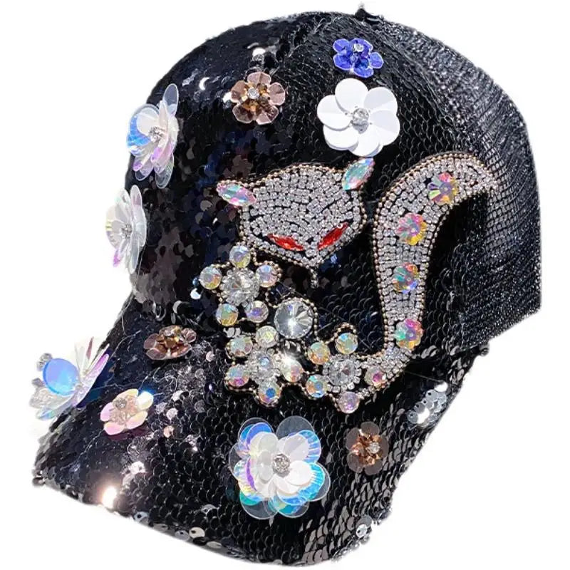 TEEK - Diamond Sequin Fox Baseball Cap HAT theteekdotcom   