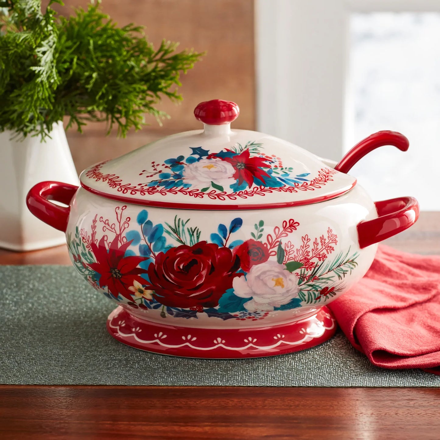 TEEK - Red Floral Ceramic Soup Tureen with Ladle Set SET theteekdotcom   