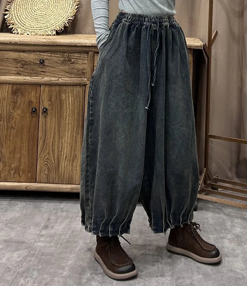 TEEK - Ethnic Elastic Waist Loose Denim Wide Leg Pants PANTS theteekdotcom   