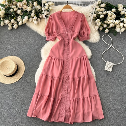 TEEK - Vintage Lace Puff Short Sleeve Dress DRESS theteekdotcom Pink One Size 