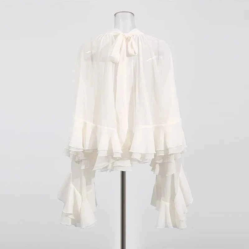 TEEK - Loose Sheer High Neck Long Ruffle Sleeves Blouse TOPS theteekdotcom