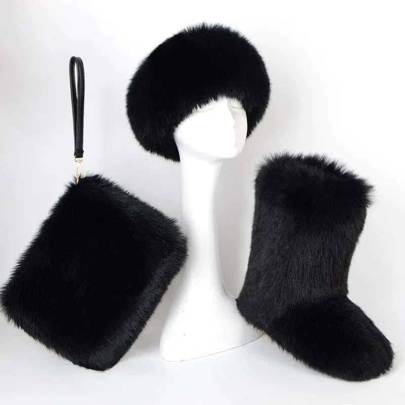 TEEK - Faux Fox Fur Snow Boots Velvet Headband Handbag Set SET theteekdotcom Black 6.5 