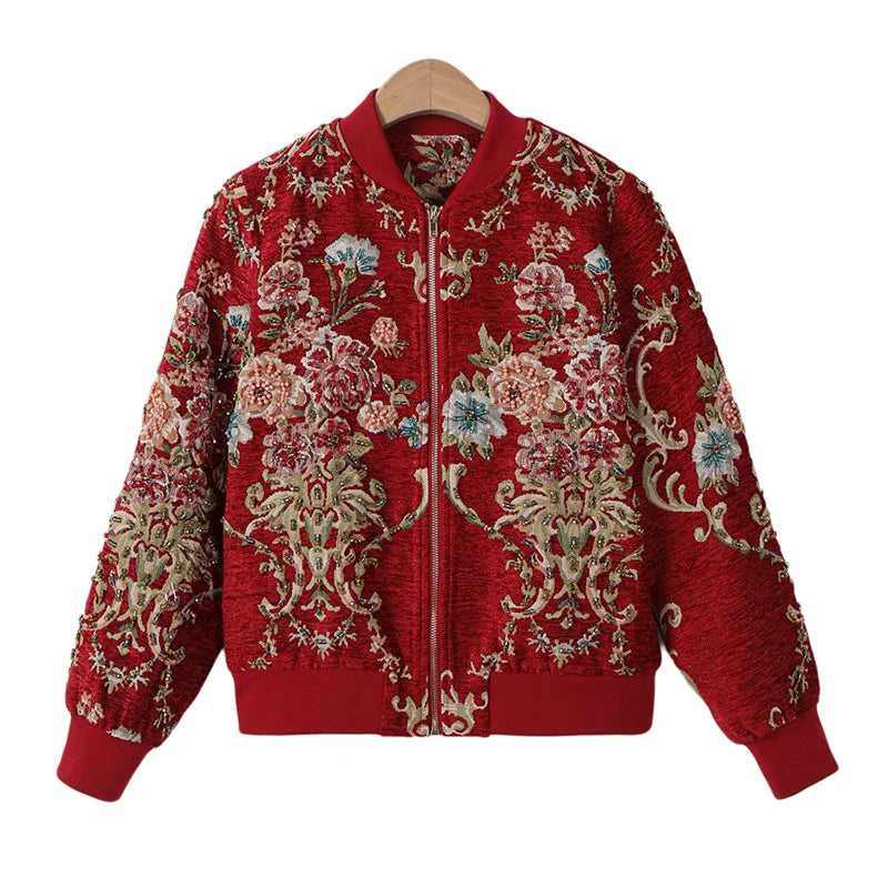 TEEK - Red Jacquard Beaded Embroidery Bomber Jacket