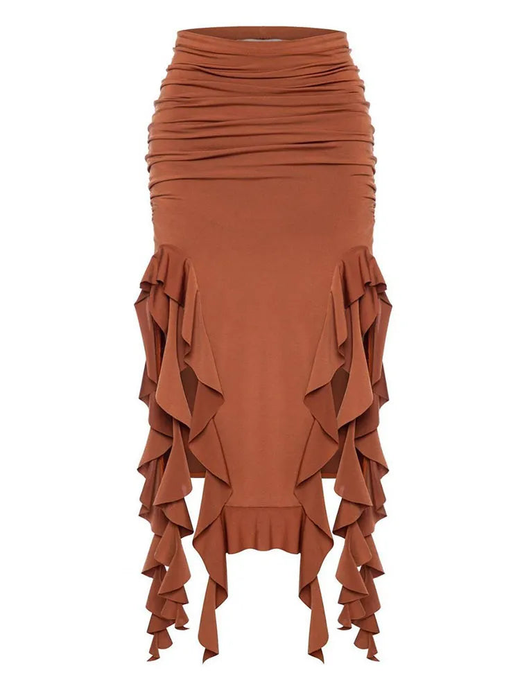TEEK - High Waist Tassel Leg Long Skirt SKIRT theteekdotcom Brown S 