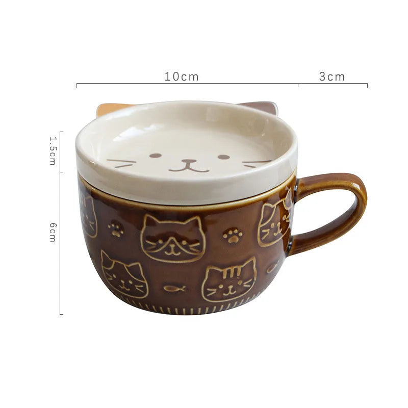 TEEk - Japanese Cat Lid Dish Mug HOME DECOR theteekdotcom brown 301-400ml/10-13oz 