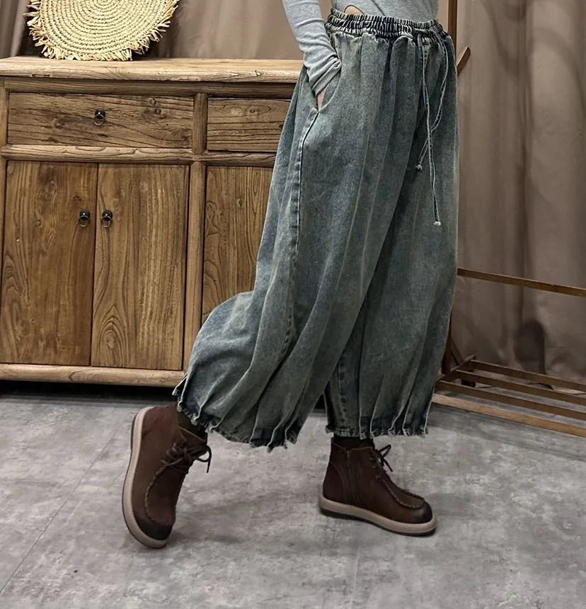 TEEK - Ethnic Elastic Waist Loose Denim Wide Leg Pants PANTS theteekdotcom   