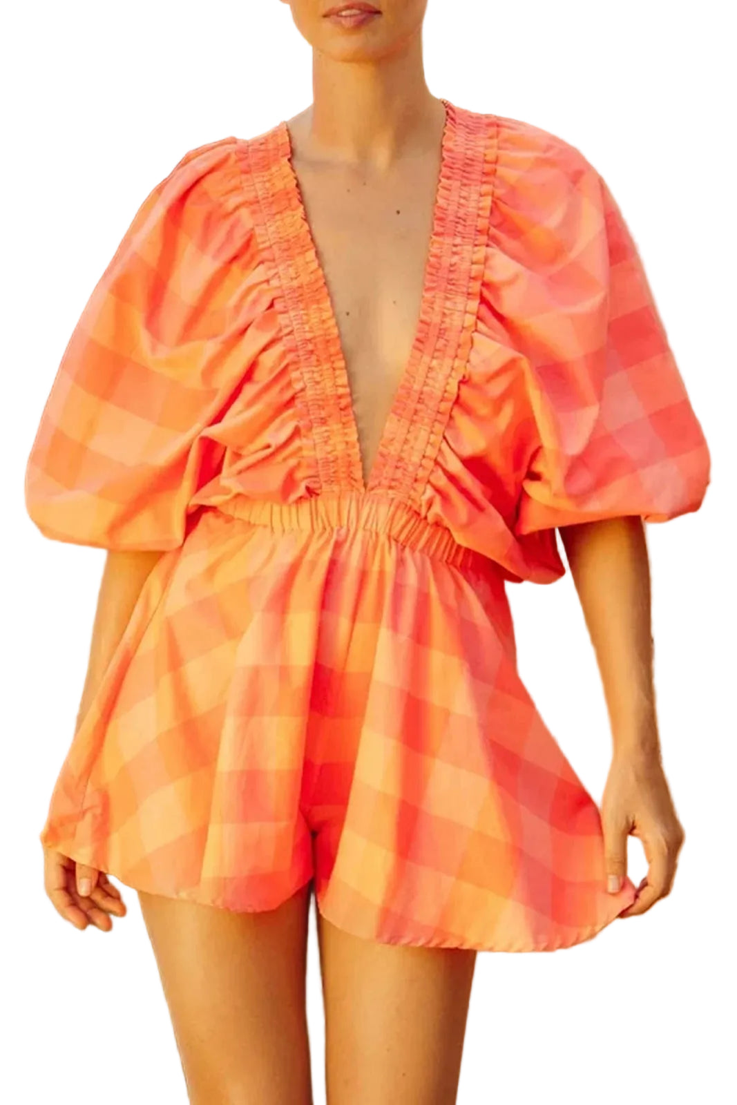 Women's Deep V Neck Loose Jumpsuit Solid Color/Plaid Puff Sleeve Summer Short Jumpsuit Jumpsuit Streetwear TEEK