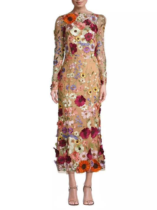 TEEK - Colorblock Floral Appliques Midi Dress DRESS theteekdotcom   