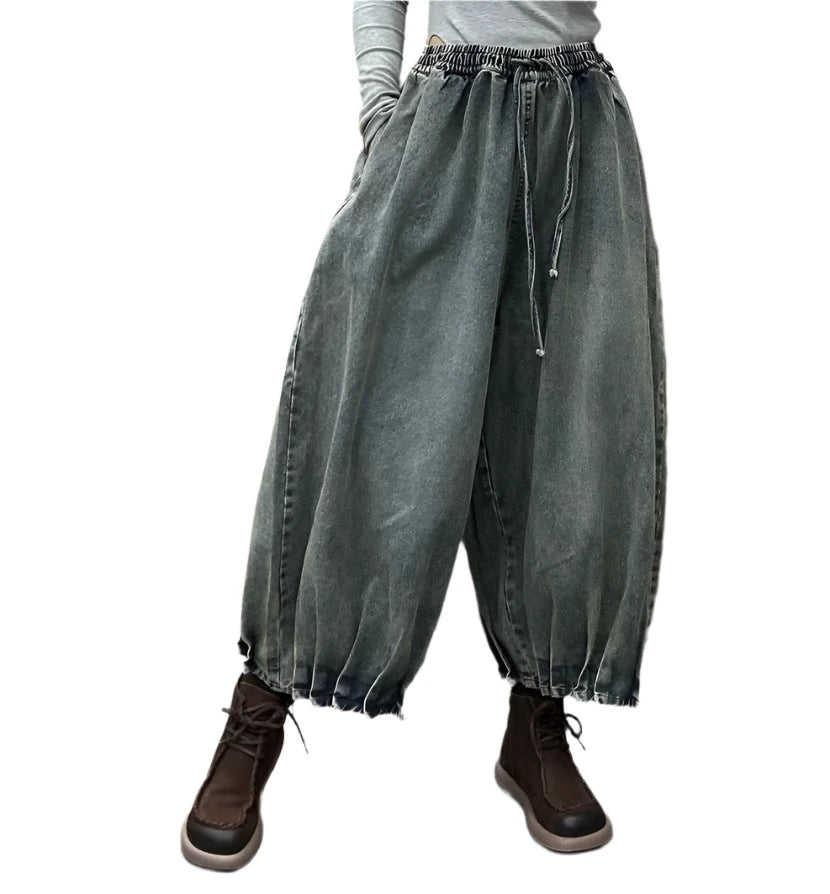 TEEK - Ethnic Elastic Waist Loose Denim Wide Leg Pants PANTS theteekdotcom   