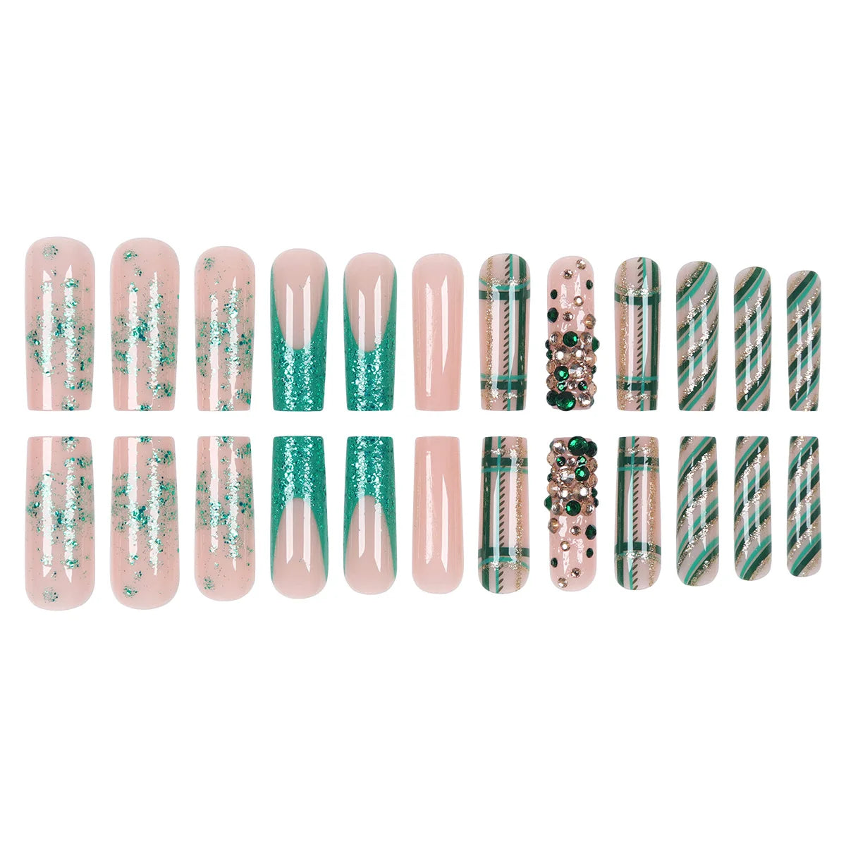 TEEK - 24 Long Coffin Green Plaid Diamond Press-On Nails NAIL ART theteekdotcom   