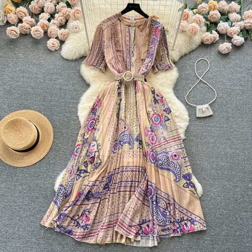 TEEK - Print Pleated Long Dress DRESS theteekdotcom Apricot One Size 