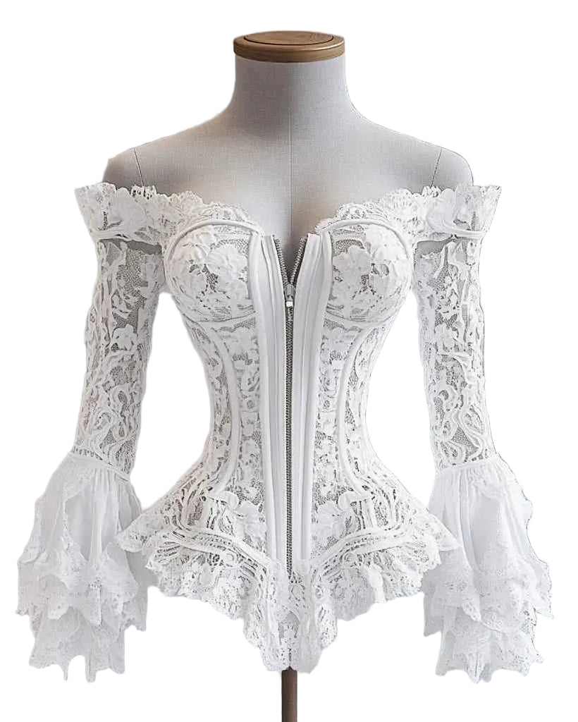 TEEK - Off Shoulder Lace Flare Sleeve Zipper Top